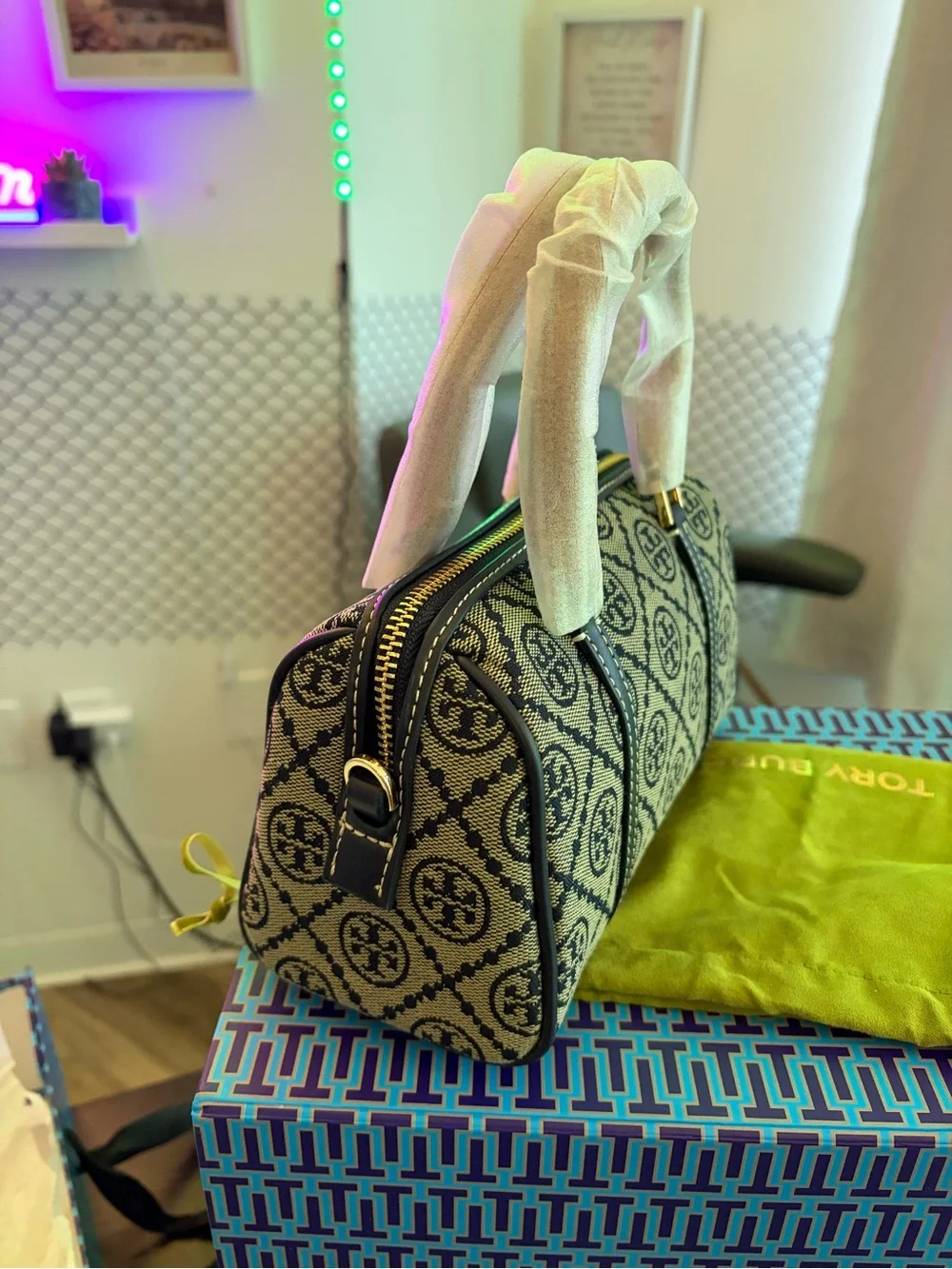 Tory Burch Navy & Cream Logo Jacquard Small Satchel